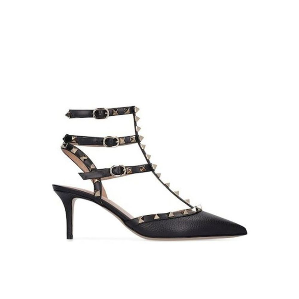 New VALENTINO Black Rockstud 65 Leather-trimmed Raffia Pumps.  Never worn.